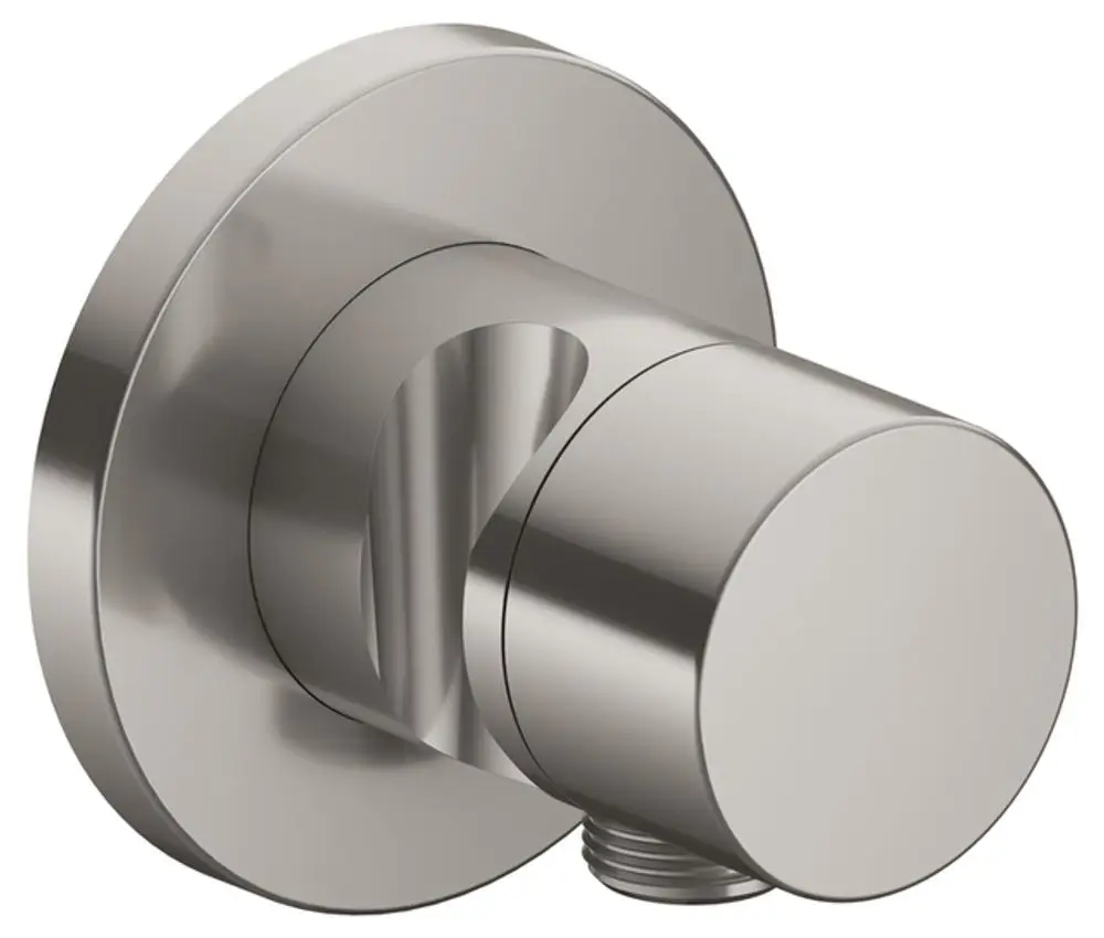 Edelstahl-Finish Absperrventil von Keuco, rund, mit Schlauchanschluss und Brauseanschluss. Wandmontageoption erkennbar.